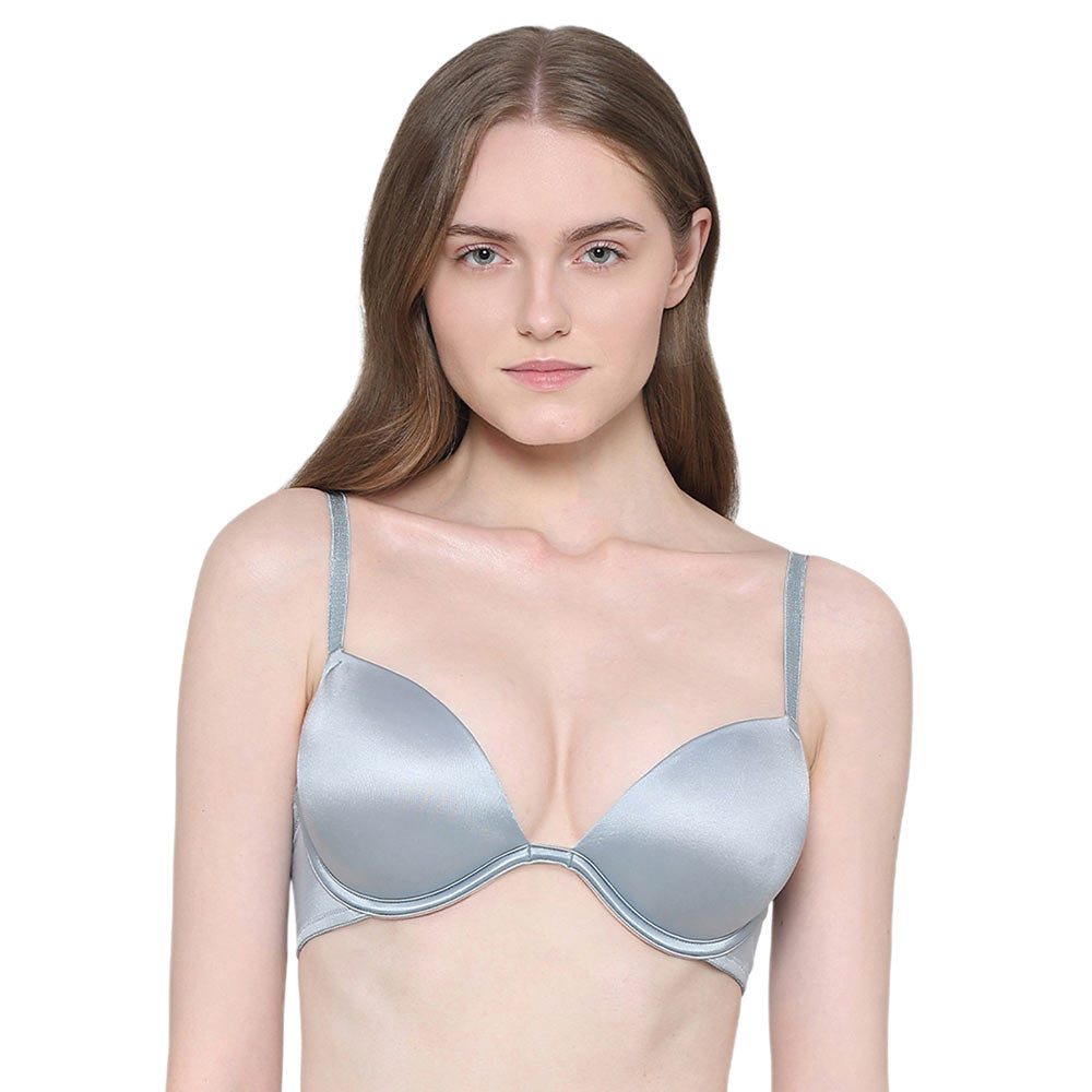 Padded Wired Demi Cup Plunge Neck Party Wear Push-up Bra - Blue