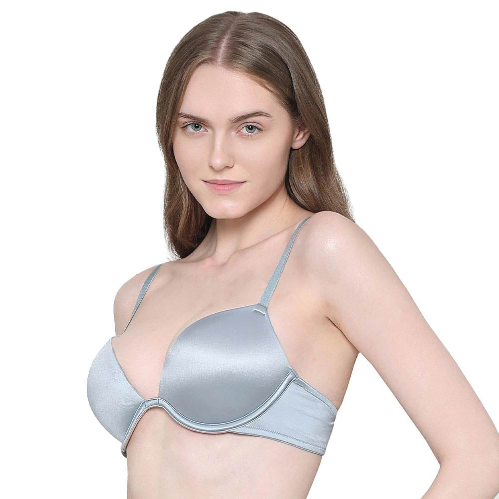 Padded Wired Demi Cup Plunge Neck Party Wear Push-up Bra - Blue